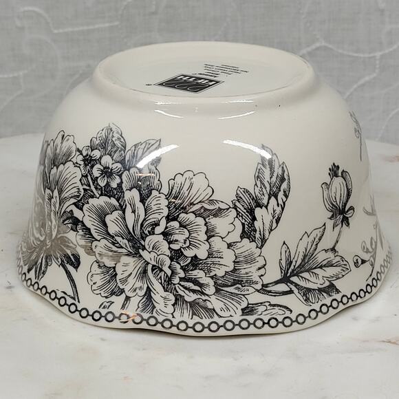 222 Fifth Adelaide Bowl 5.5" Silver Floral Bird White Porcelain Round Scalloped - Picture 2 of 14